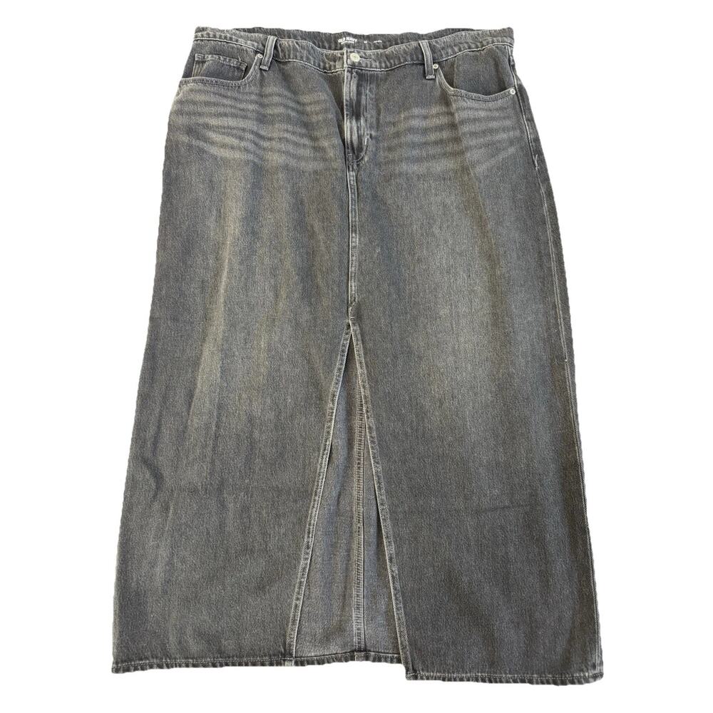 Old Navy Gray Denim Midi Skirt Mid-Rise Front Slit Pockets Button Zip 18
